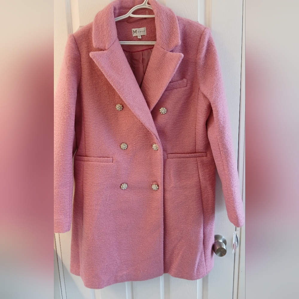 M by Milly Pink Bouclé Double‑Breasted Coat w/ Rhinestone Buttons – NWT – Size L